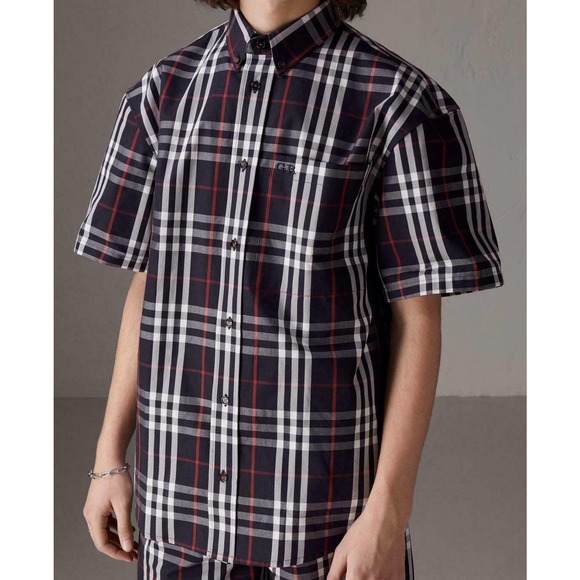 $495 BURBERRY X GOSHA RUBCHINSKIY NAVY COTTON CHECK LOGO BOXY SHIRT OVERSIZED M